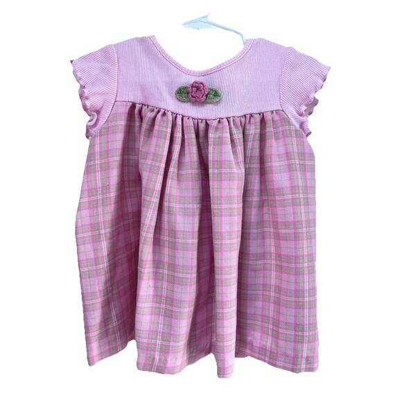 GoodLad Dress Girls Sz 6-12 Mths Pink Short Sleeve Rosette Plaid Flannel - Picture 1 of 6